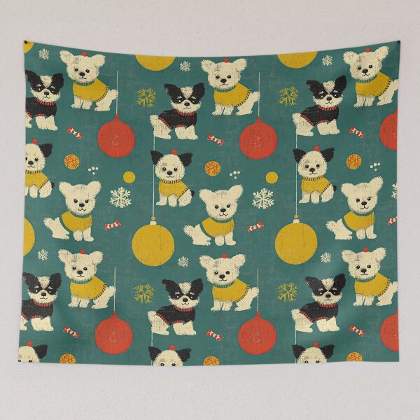 Item preview, Fluffy Puppies and Baubles, Cheerful Christmas Retro Pattern. designed and sold by Piotrek0001.