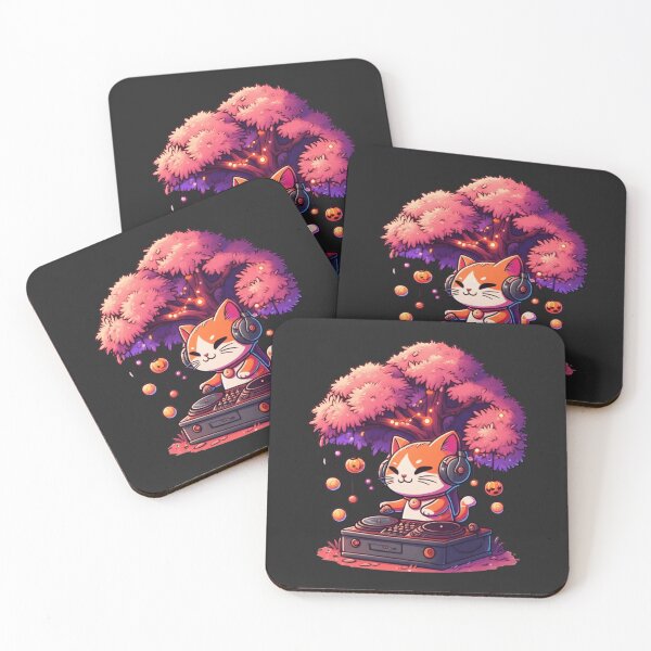 Item preview, Funny Chibi Cat DJ Under Neon-Red Cherry Blossom Tree – Halloween Kawaii Cartoon designed and sold by ColorSplash123.