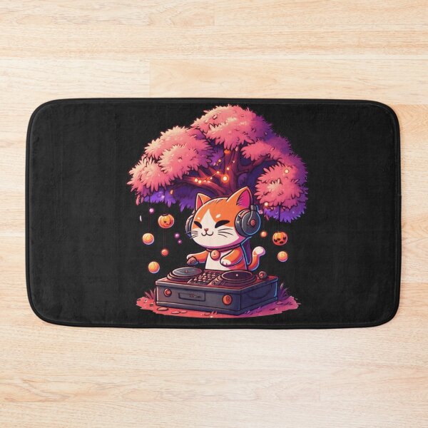 Item preview, Funny Chibi Cat DJ Under Neon-Red Cherry Blossom Tree – Halloween Kawaii Cartoon designed and sold by ColorSplash123.