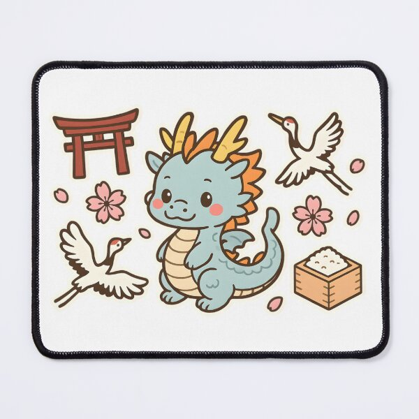 Item preview, Kawaii Japanese Dragon with Red Cranes, Sakura Blossoms, Shrine & Rice Bowl designed and sold by OsasChild.