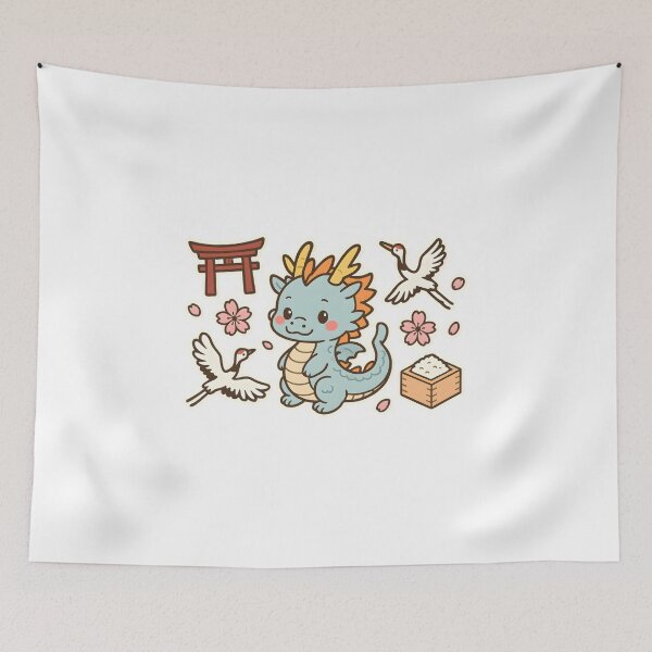 Item preview, Kawaii Japanese Dragon with Red Cranes, Sakura Blossoms, Shrine & Rice Bowl designed and sold by OsasChild.