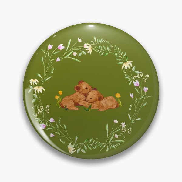 Item preview, Baby bear cubs cuddling with floral wreath pattern and green background designed and sold by BunnyandBloom.
