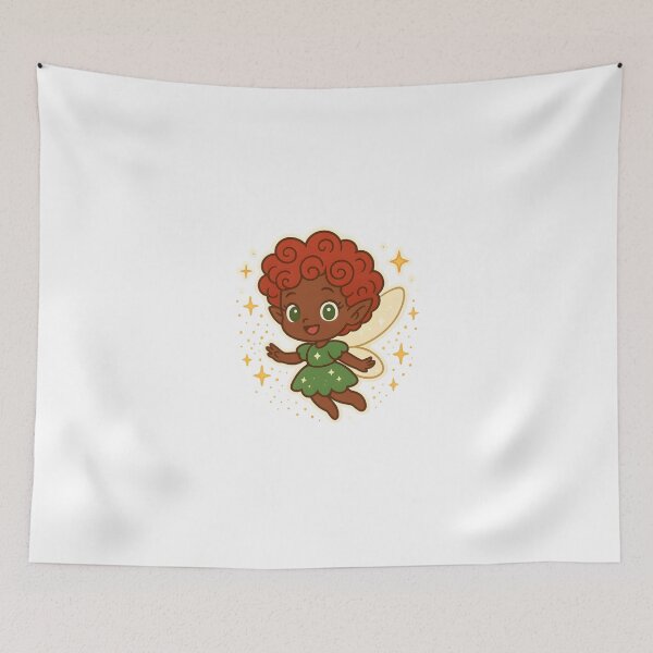 Item preview, Chibi Black Elf with Red Curly Hair, Green Outfit & Sparkles - Fantasy Art designed and sold by OsasChild.