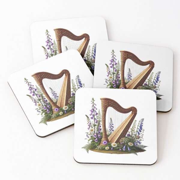 Item preview, Celtic Harp with Wildflowers – Enchanted Fantasy Illustration designed and sold by CelticSoulShop.