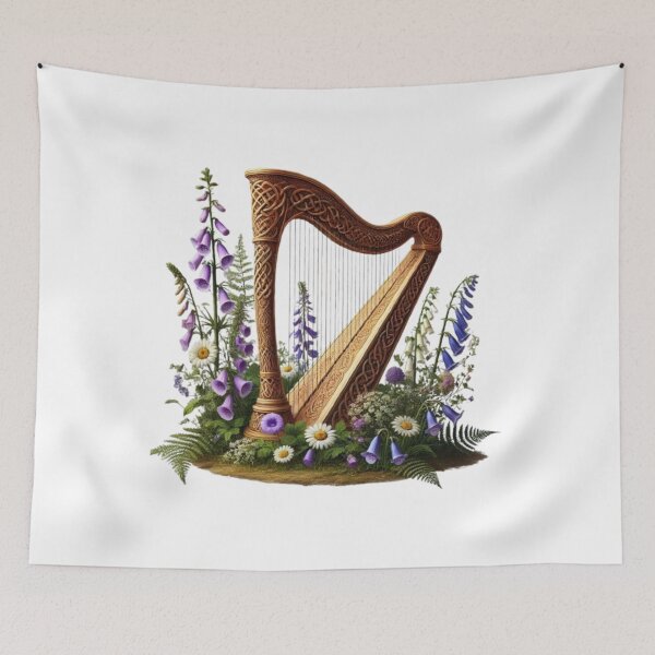 Item preview, Celtic Harp with Wildflowers – Enchanted Fantasy Illustration designed and sold by CelticSoulShop.