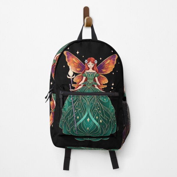 Item preview, Fairy Queen with Magical Staff in Green Dress and Orange Butterfly Wings Fantasy Enchanted Artwork designed and sold by Simplystik.