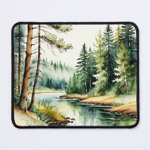 Item preview, Woodland river clipart, watercolor pine forest scenery, nature landscape designed and sold by UniqueXee.