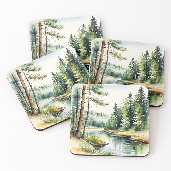 Item preview, Woodland river clipart, watercolor pine forest scenery, nature landscape designed and sold by UniqueXee.