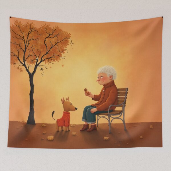 Item preview, Autumn Companions – Elderly Woman and Dog Sharing a Cookie designed and sold by Whimsical Hug.