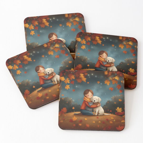 Item preview, Warm Autumn Hug – Girl, Dog, and Cat Under the Stars designed and sold by Whimsical Hug.