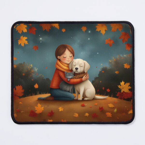 Item preview, Warm Autumn Hug – Girl, Dog, and Cat Under the Stars designed and sold by Whimsical Hug.