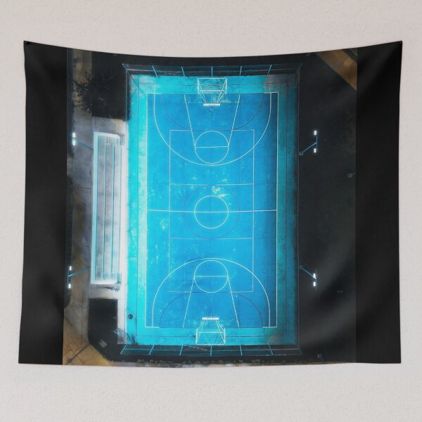Item preview, aerial view the dead Ablue-colored basketball court at night designed and sold by Serginujhe.