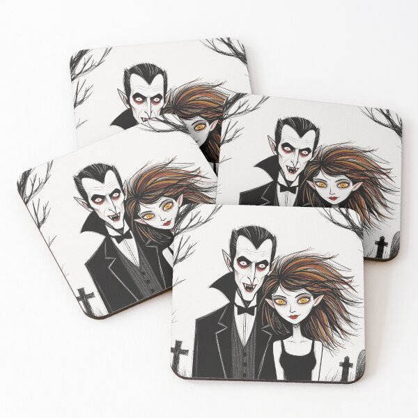 Item preview, Vampire count Dracula and a cute werewolf lycanthrope girl illustration halloween art designed and sold by Vintage Designs +.