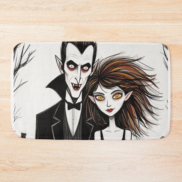 Item preview, Vampire count Dracula and a cute werewolf lycanthrope girl illustration halloween art designed and sold by Vintage Designs +.