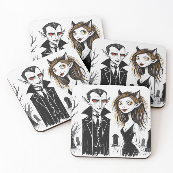 Item preview, Vampire count Dracula and a cute werewolf lycanthrope girl illustration halloween art designed and sold by Vintage Designs +.