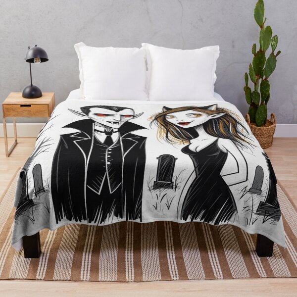 Item preview, Vampire count Dracula and a cute werewolf lycanthrope girl illustration halloween art designed and sold by Vintage Designs +.