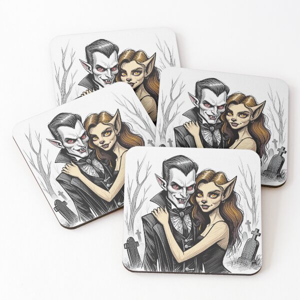 Item preview, Vampire count Dracula and a cute werewolf lycanthrope girl illustration halloween art designed and sold by Vintage Designs +.