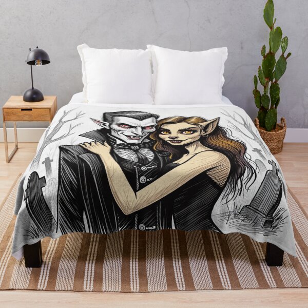 Item preview, Vampire count Dracula and a cute werewolf lycanthrope girl illustration halloween art designed and sold by Vintage Designs +.