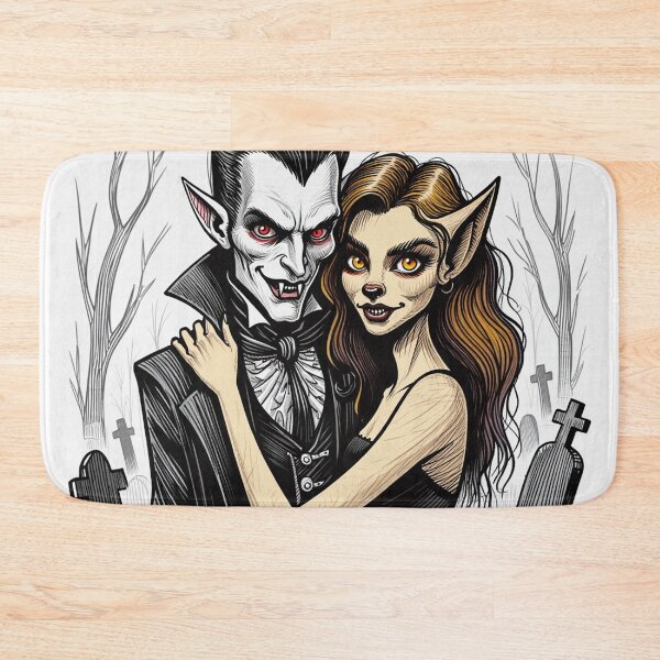 Item preview, Vampire count Dracula and a cute werewolf lycanthrope girl illustration halloween art designed and sold by Vintage Designs +.