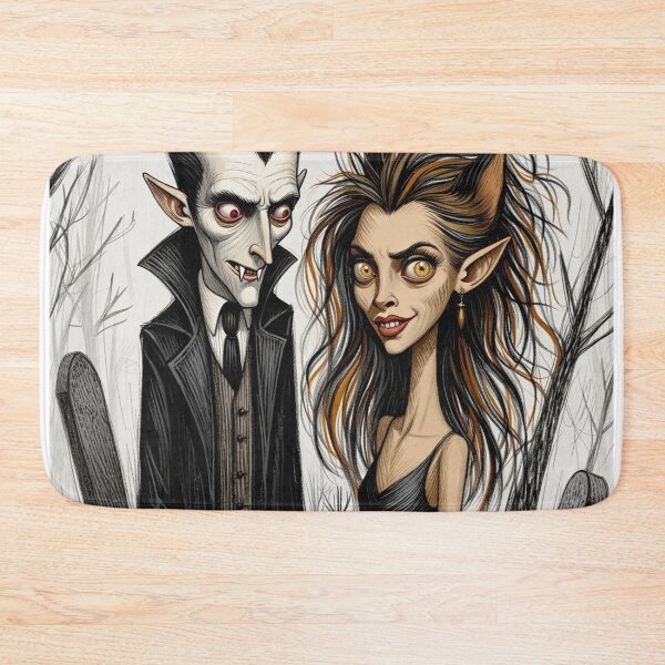Item preview, Vampire count Dracula and a cute werewolf lycanthrope girl illustration halloween art designed and sold by Vintage Designs +.