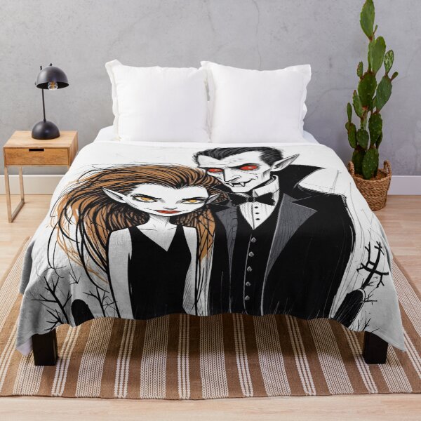 Item preview, Vampire count Dracula and a cute werewolf lycanthrope girl illustration halloween art designed and sold by Vintage Designs +.