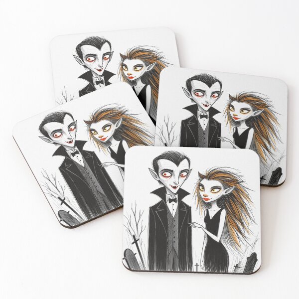 Item preview, Vampire count Dracula and a cute werewolf lycanthrope girl illustration halloween art designed and sold by Vintage Designs +.