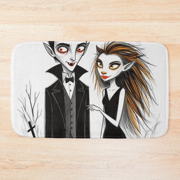 Item preview, Vampire count Dracula and a cute werewolf lycanthrope girl illustration halloween art designed and sold by Vintage Designs +.