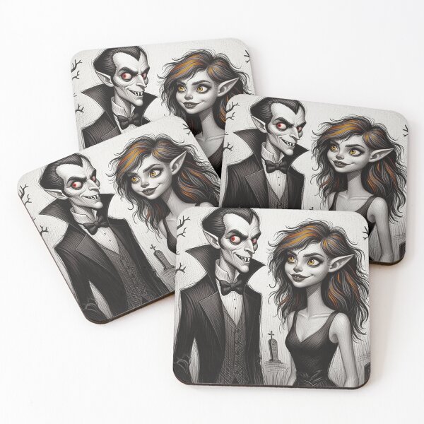 Item preview, Vampire count Dracula and a cute werewolf lycanthrope girl illustration halloween art designed and sold by Vintage Designs +.