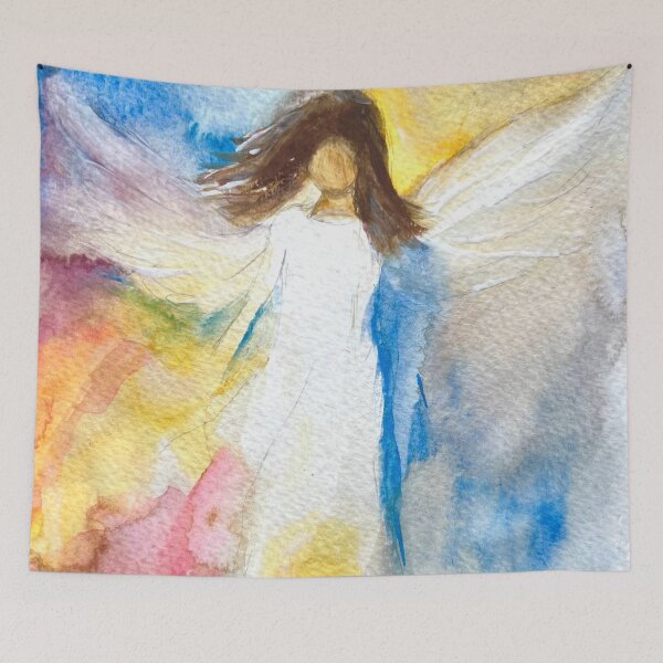 Aperçu de l'œuvre Peinture aquarelle d'ange arc-en-ciel, art gardien spirituel, céleste créée et vendue par Monika Howarth.
