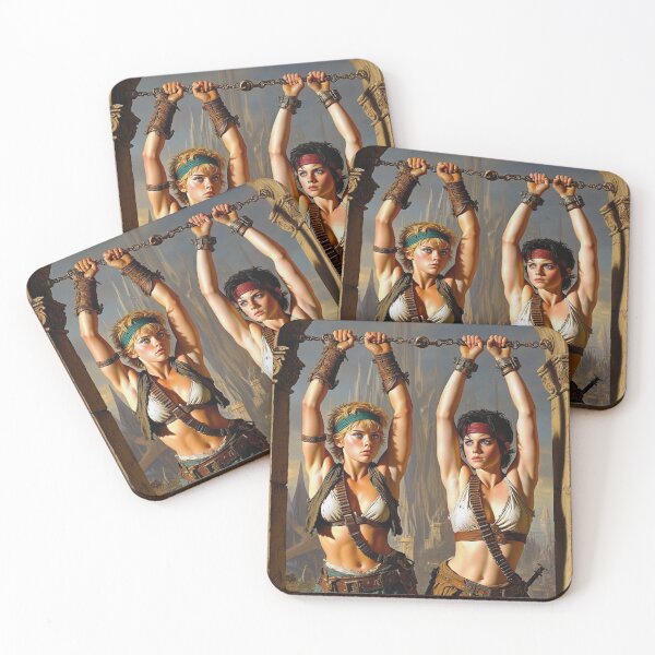 Item preview, Two captive fantasy post apocalyptic warrior women illustration designed and sold by Vintage Designs +.