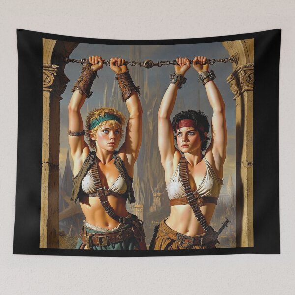 Item preview, Two captive fantasy post apocalyptic warrior women illustration designed and sold by Vintage Designs +.