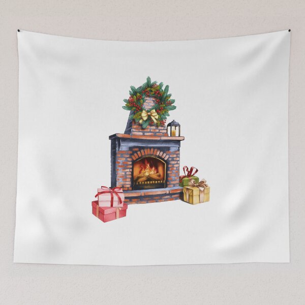 Item preview, Festive fireplace adorned with wreath and Christmas gifts creates a cozy holiday atmosphere designed and sold by Ms. Iryna.