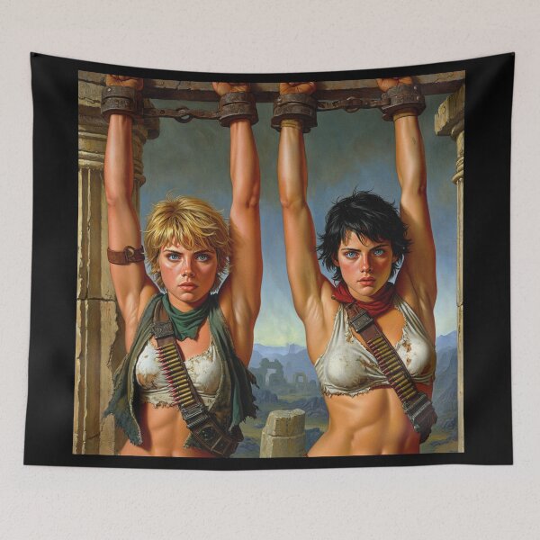 Item preview, Two captive fantasy post apocalyptic warrior women illustration designed and sold by Vintage Designs +.