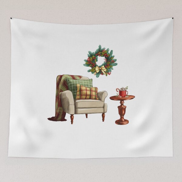 Item preview, Cozy winter corner with armchair, festive wreath, and hot beverage designed and sold by Ms. Iryna.