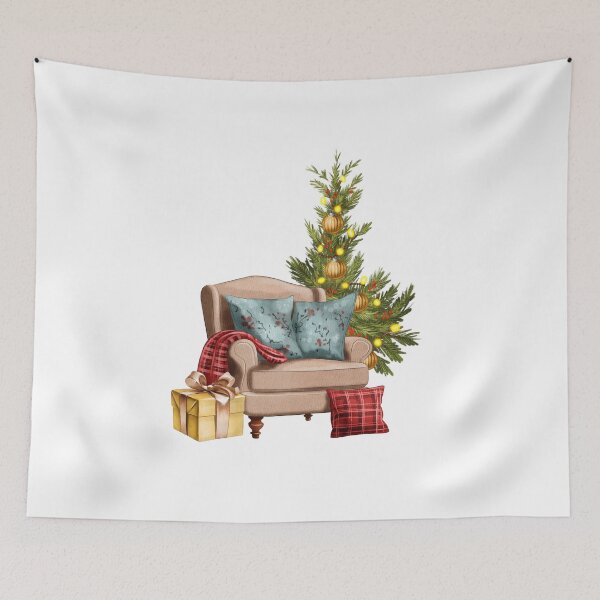 Item preview, Cozy holiday corner with a comfortable chair, decorative pillows, gifts, and a festive Christmas tree designed and sold by Ms. Iryna.