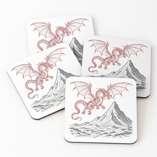 Item preview, Crimson Dragon Over Black Mountain — Dark Fantasy Line Art designed and sold by Fenay Designs.