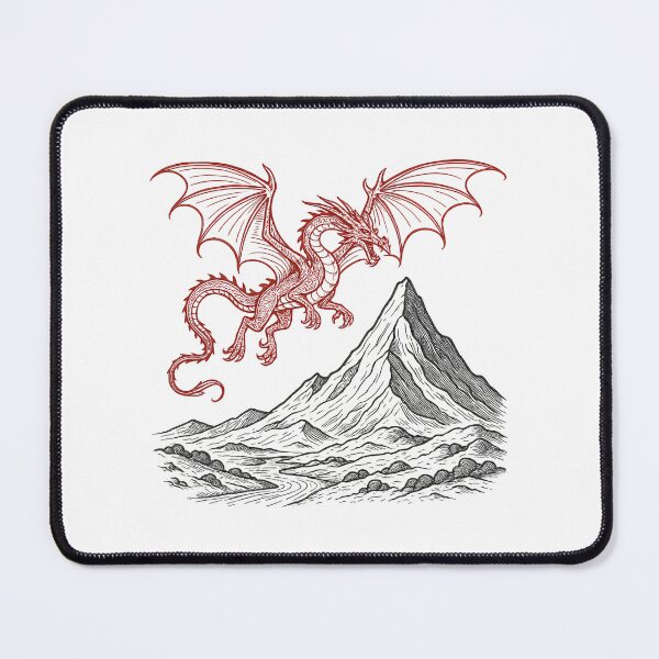 Item preview, Crimson Dragon Over Black Mountain — Dark Fantasy Line Art designed and sold by Fenay Designs.