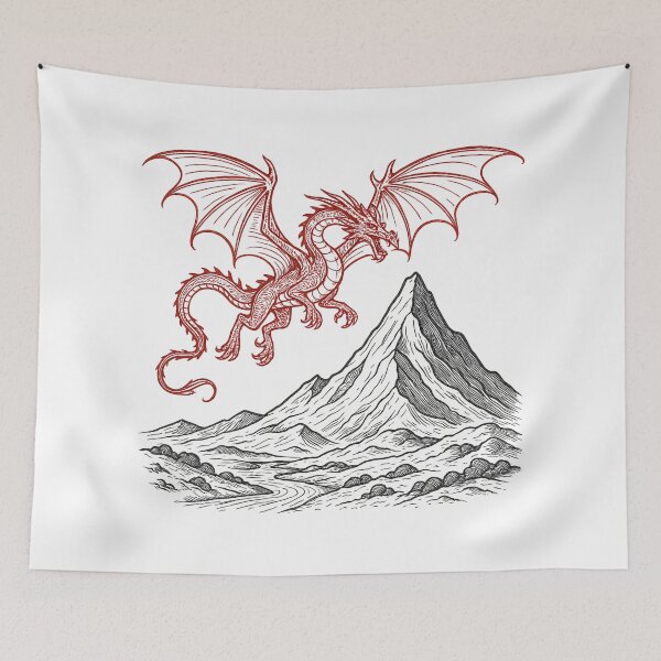 Item preview, Crimson Dragon Over Black Mountain — Dark Fantasy Line Art designed and sold by Fenay Designs.