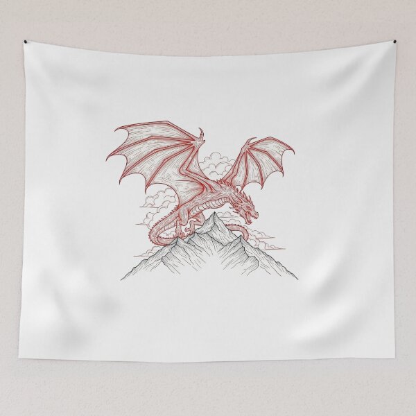 Item preview, Crimson Dragon Over the Peaks | Fantasy Mountain Line Art designed and sold by Fenay Designs.