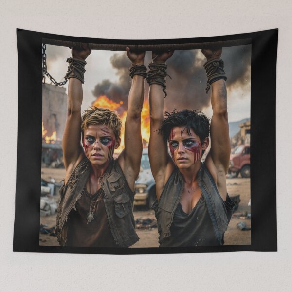 Item preview, Two captive fantasy post apocalyptic warrior women illustration designed and sold by Vintage Designs +.
