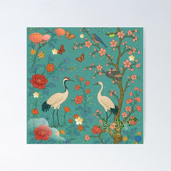 Item preview, Chinoiserie Garden with Cranes, Blossoms, and Lanterns – Oriental Vintage Floral Nature Pattern designed and sold by Sugar Wisdom .