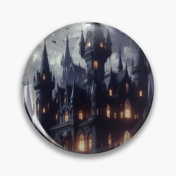 Artikelvorschau, Mystisches schwarzes Schloss mit leuchtenden Fenstern und Mond – Halloween-Kunst entworfen und verkauft von SVT Abstract.