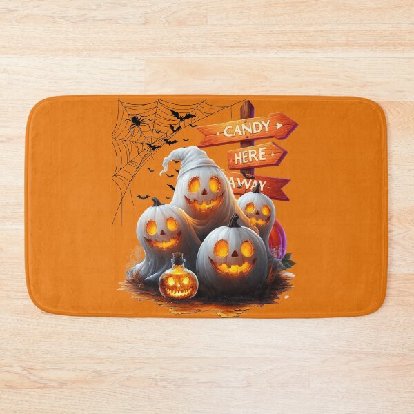 Item preview, A bunch of glowing pumpkins dressed as ghosts and a signpost where to go for candy designed and sold by DżodżoJoy.