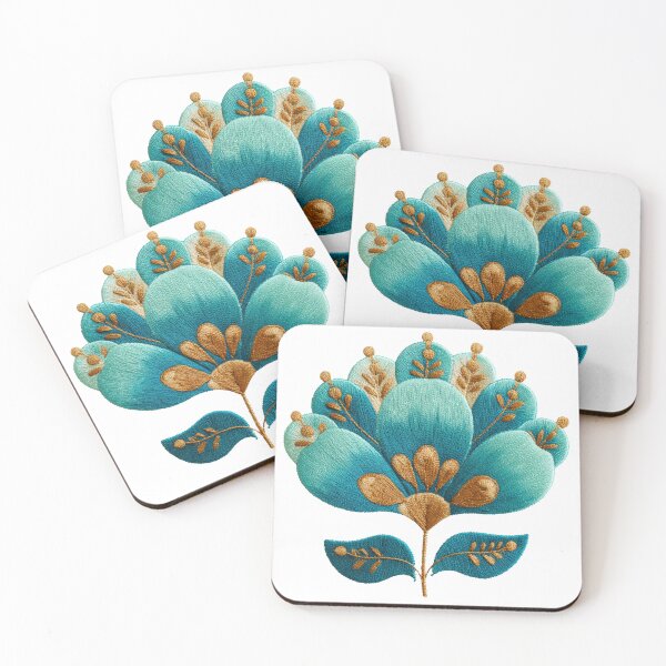 Item preview, Folk Art Flower Embroidery – Teal and Gold Stitch Botanical Boho Floral Art designed and sold by StickerHavenn.
