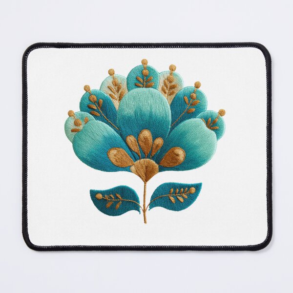 Item preview, Folk Art Flower Embroidery – Teal and Gold Stitch Botanical Boho Floral Art designed and sold by StickerHavenn.
