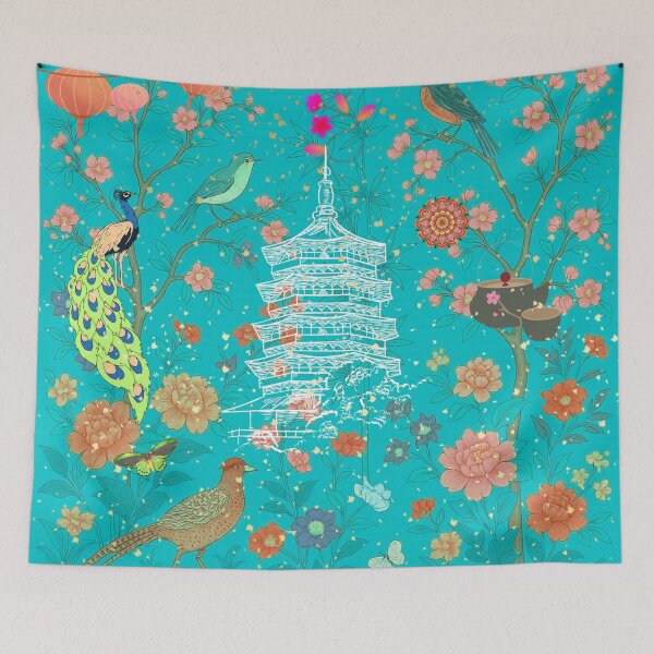 Item preview, Chinoiserie Garden — Whispers of the Eternal Pagoda (Oriental Peacock Dreamscape) designed and sold by Sugar Wisdom .