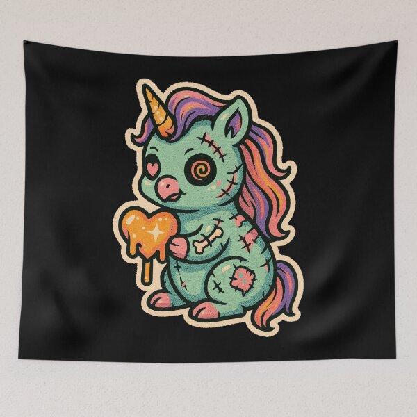 Item preview, Kawaii Retro Halloween Unicorn – Creepy Cute 1960s Comics Art Zombie Plush with Heart Candy designed and sold by JacobKAurumhead.