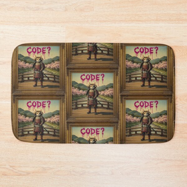 Item preview, Samurai Cat with Katana on Wooden Bridge – Japanese Fantasy Art “CODE?” designed and sold by Golden Chaos.