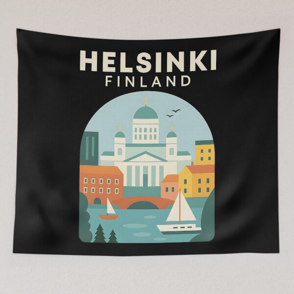 Item preview, Vintage Helsinki Finland Travel Poster T-Shirt Retro Scandinavian Architecture designed and sold by DrawHandArt.