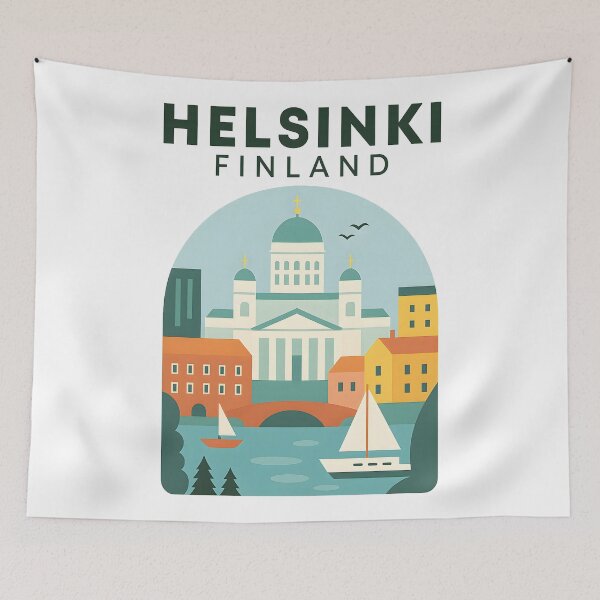 Item preview, Vintage Helsinki Finland Travel Poster T-Shirt Retro Scandinavian Architecture designed and sold by DrawHandArt.